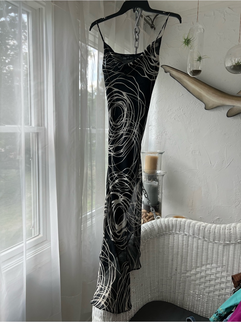 Zara Black Midi Slip Dress with White Abstract Swirl Print